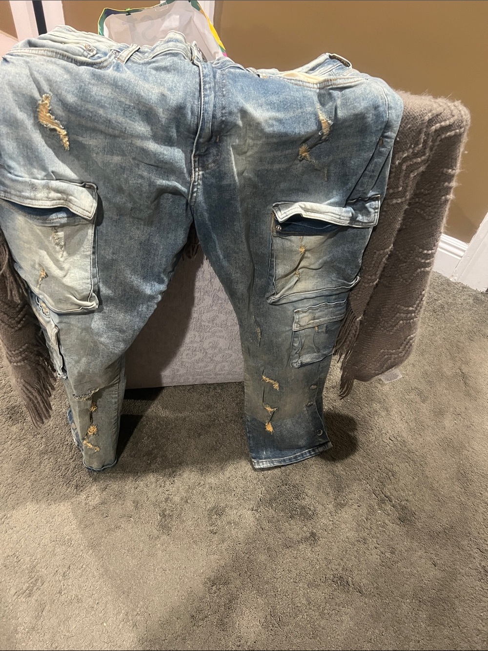 Fashion Nova Light Blue Slim Straight Distressed Cargo Jeans